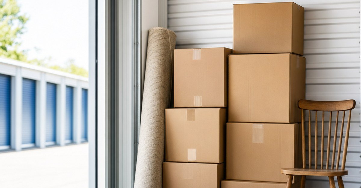 Box de stockage neutre avec des cartons soigneusement étiquetés, stockés en toute sécurité pendant une séparation à Bruxelles.
