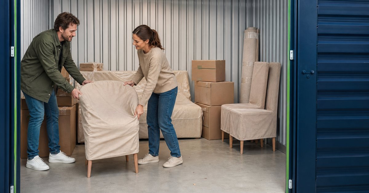 Couple plaçant avec soin des meubles emballés dans un box propre pendant des travaux de rénovation.