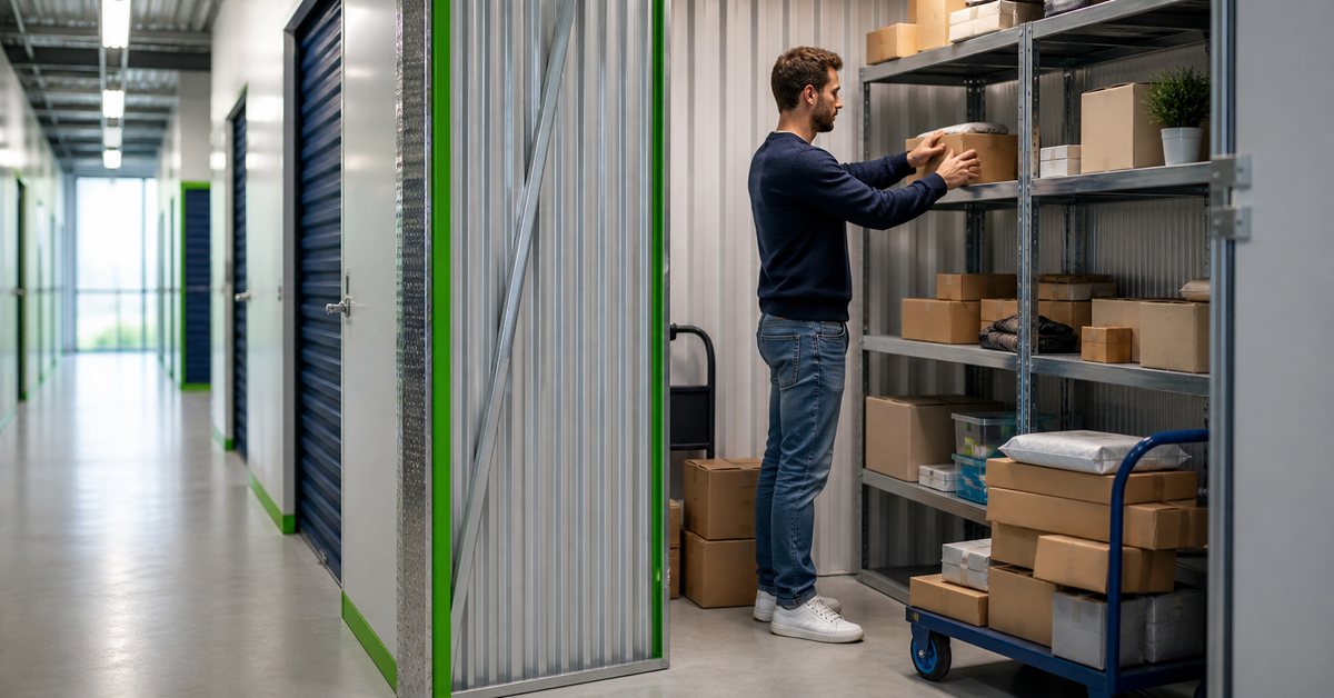 Entrepreneur bruxellois rangeant des colis et des marchandises sur des étagères dans un box propre.